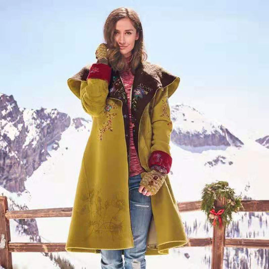Women's Mid-length Printed Long Sleeve Woolen Cloth Coats