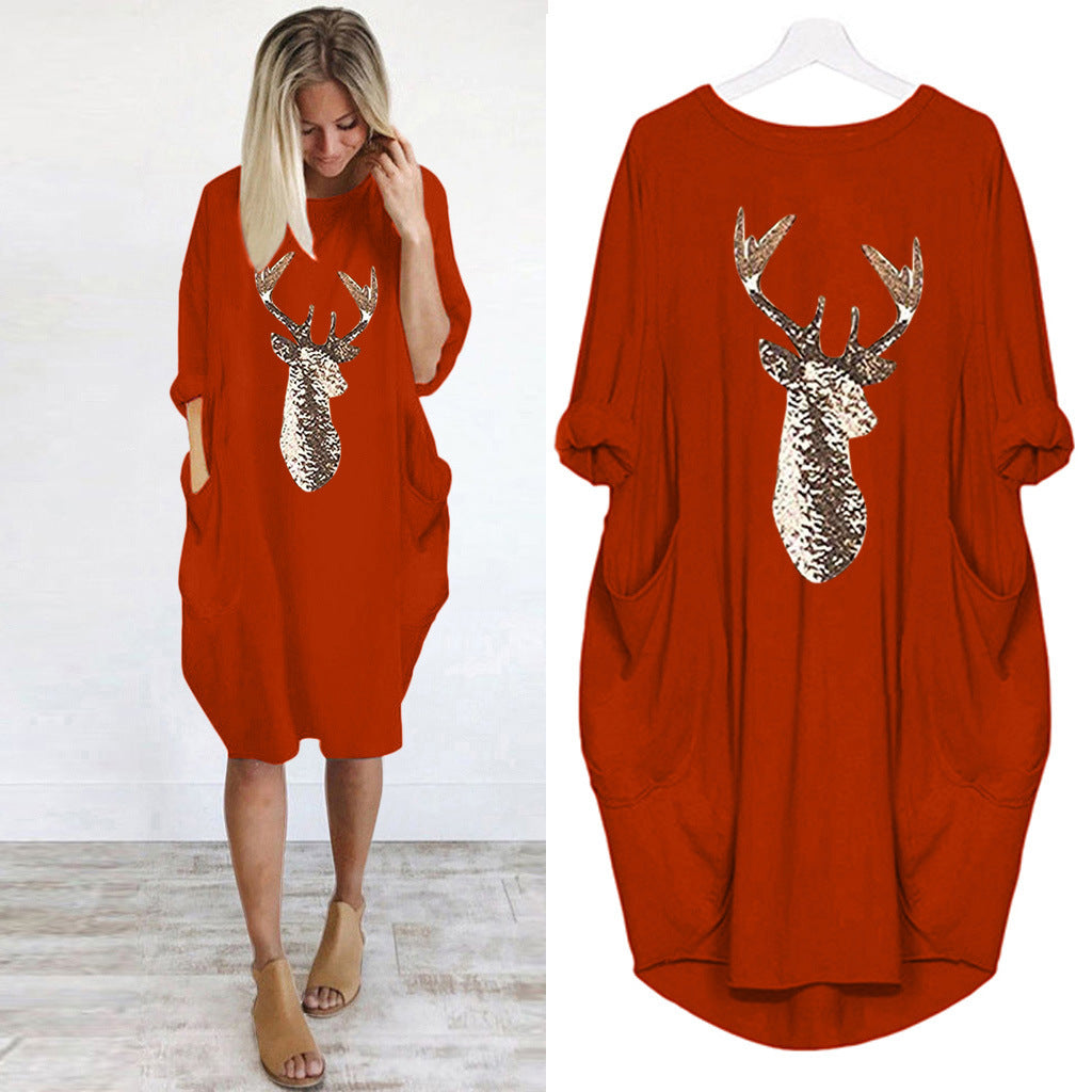 Women's Summer Round Neck Loose Color Deer Head Dress