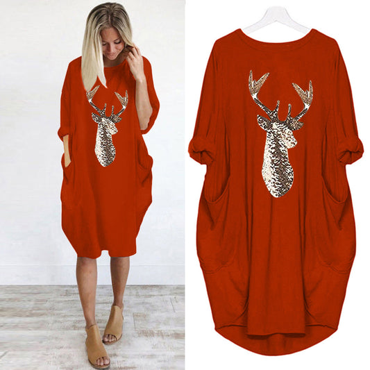 Women's Summer Round Neck Loose Color Deer Head Dress
