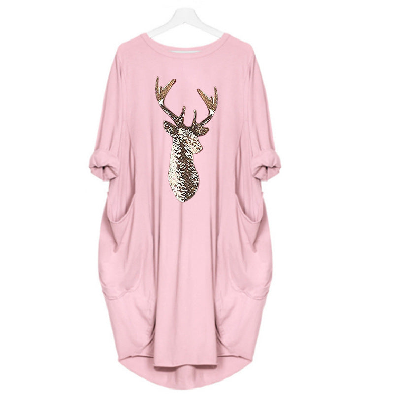 Women's Summer Round Neck Loose Color Deer Head Dress