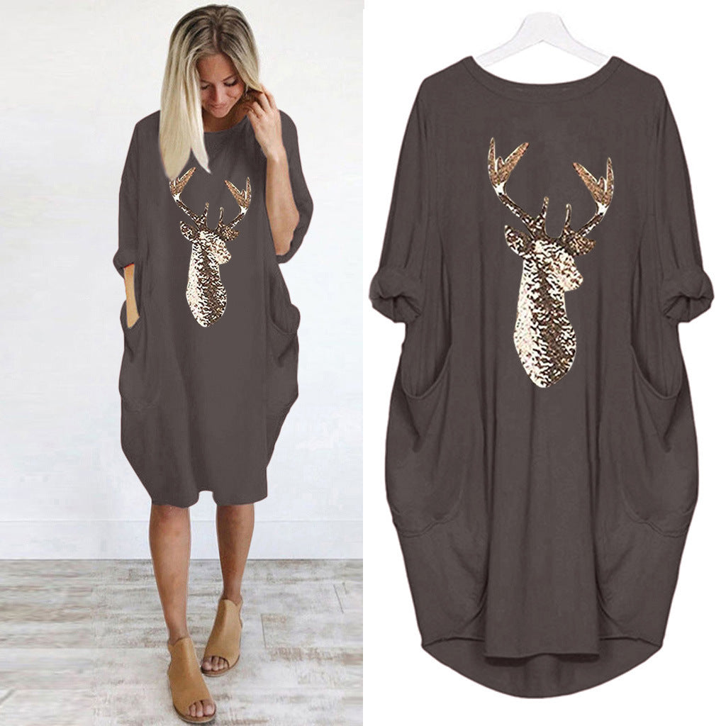 Women's Summer Round Neck Loose Color Deer Head Dress