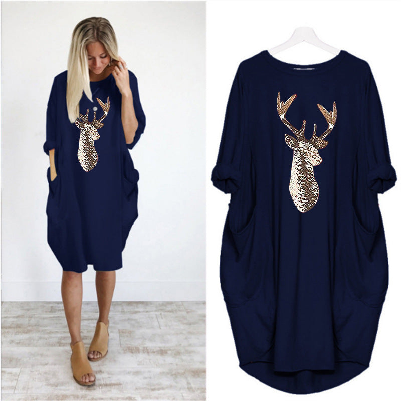 Women's Summer Round Neck Loose Color Deer Head Dress