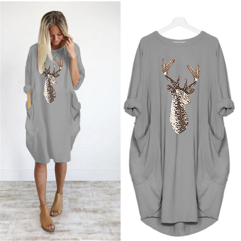 Women's Summer Round Neck Loose Color Deer Head Dress