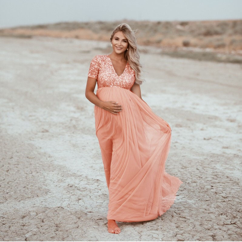 Women's Mesh Pregnant Floating Solid Color Sleeve Dresses
