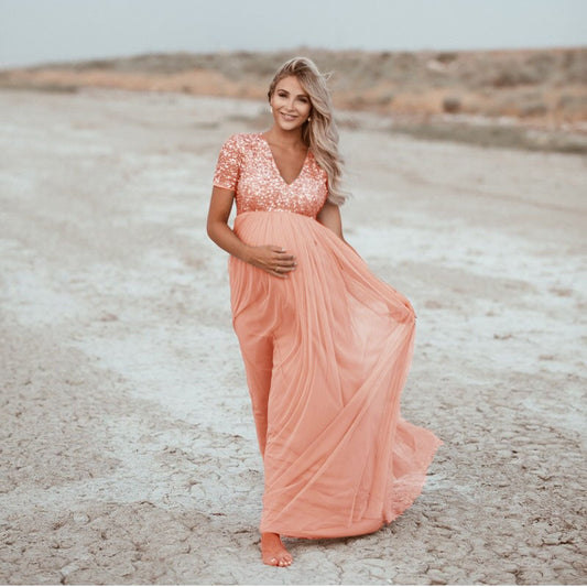 Women's Mesh Pregnant Floating Solid Color Sleeve Dresses