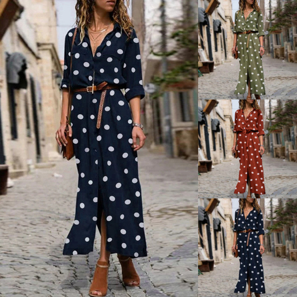 Versatile Polka Dot Single-breasted Maxi Shirt Dress