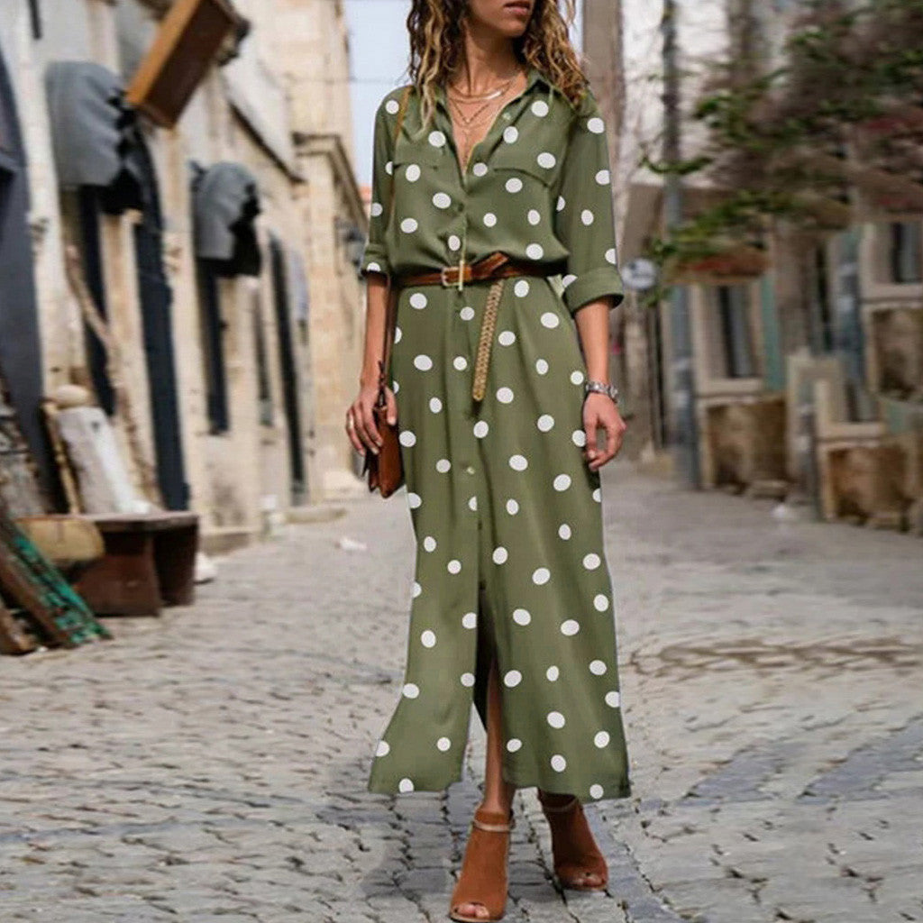 Versatile Polka Dot Single-breasted Maxi Shirt Dress