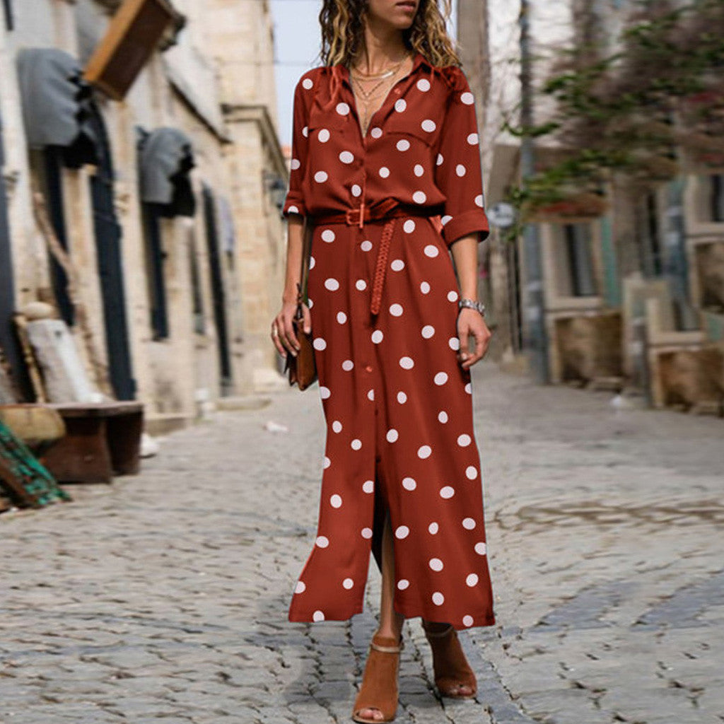 Versatile Polka Dot Single-breasted Maxi Shirt Dress