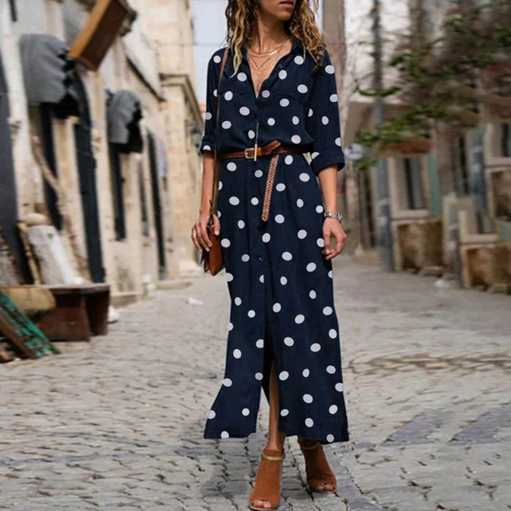 Versatile Polka Dot Single-breasted Maxi Shirt Dress