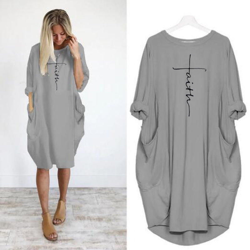 Women's Neck Long Sleeve Cross Printed Wear Dress