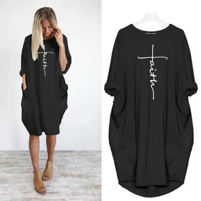 Women's Neck Long Sleeve Cross Printed Wear Dress