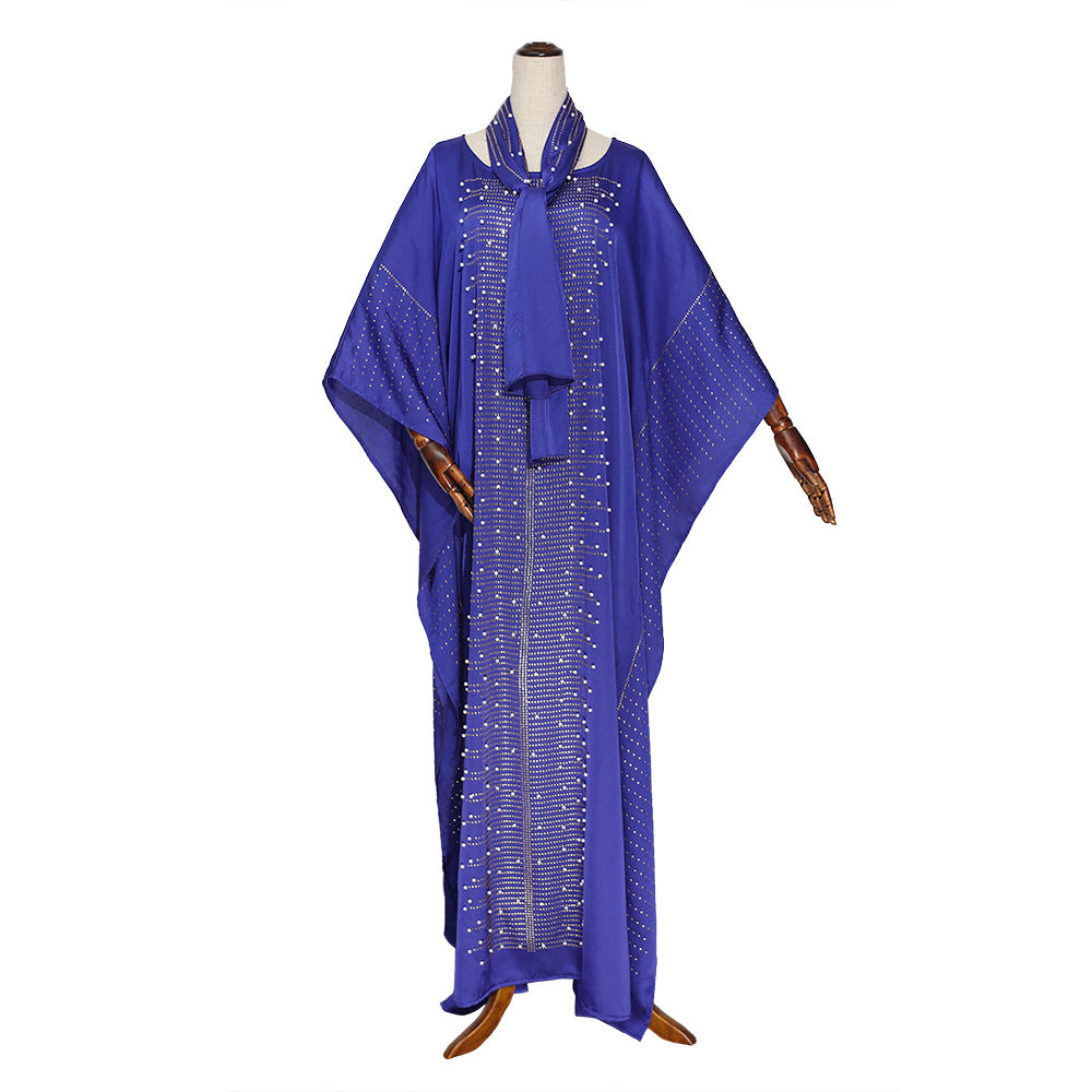 Women's Beaded Silk Satin Round Neck Wide Batwing Sleeve Plus Size