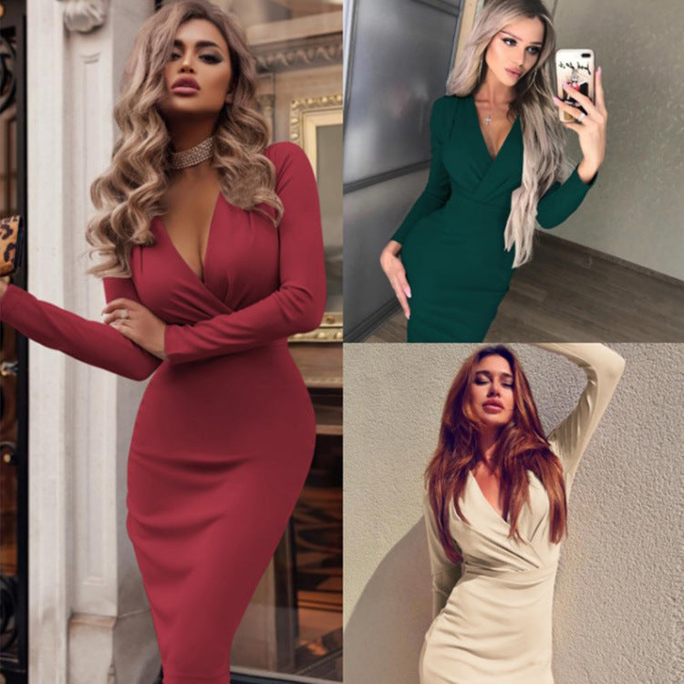 Women's Deep V Ruffle Hip Long Sleeve Dress