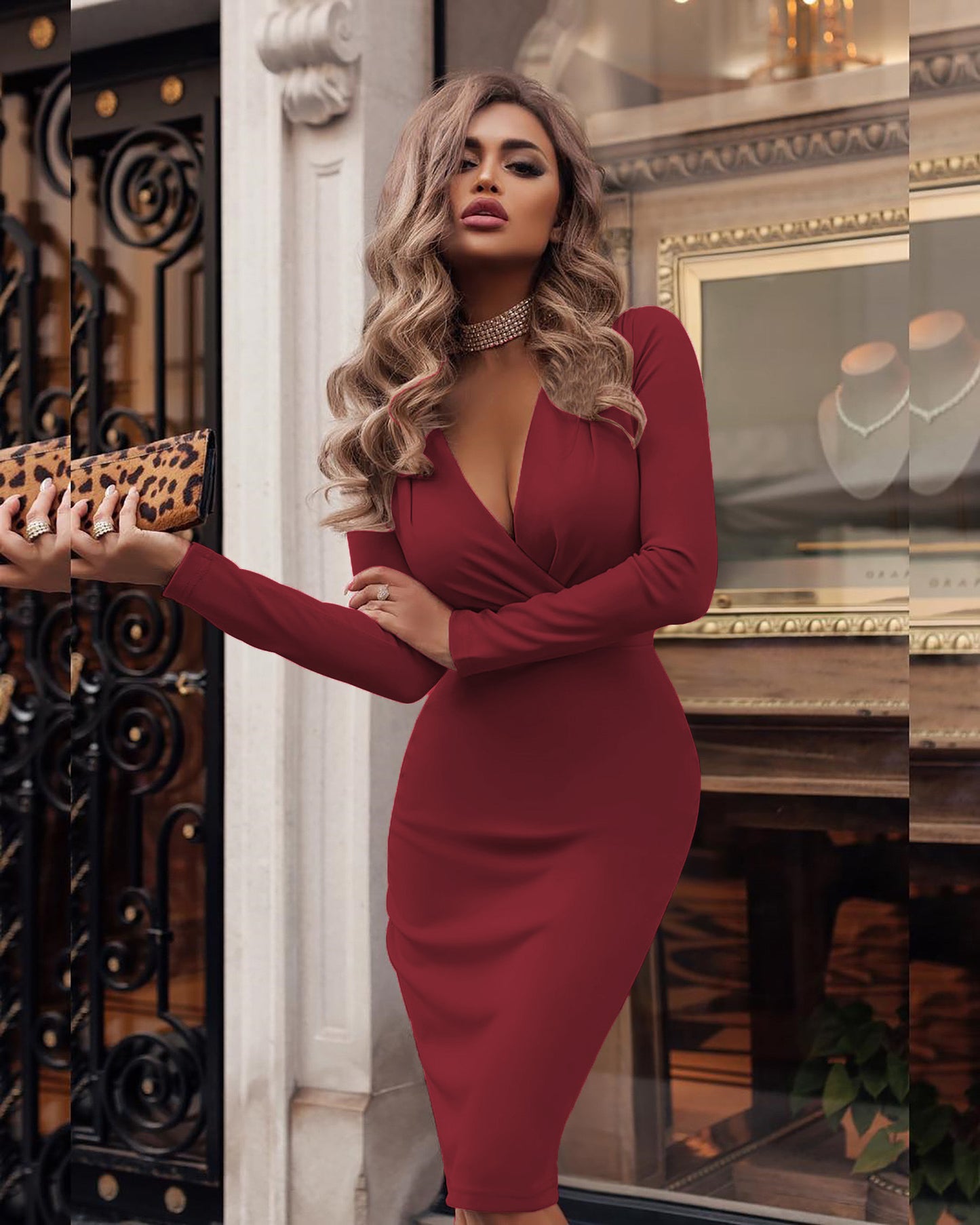 Women's Deep V Ruffle Hip Long Sleeve Dress
