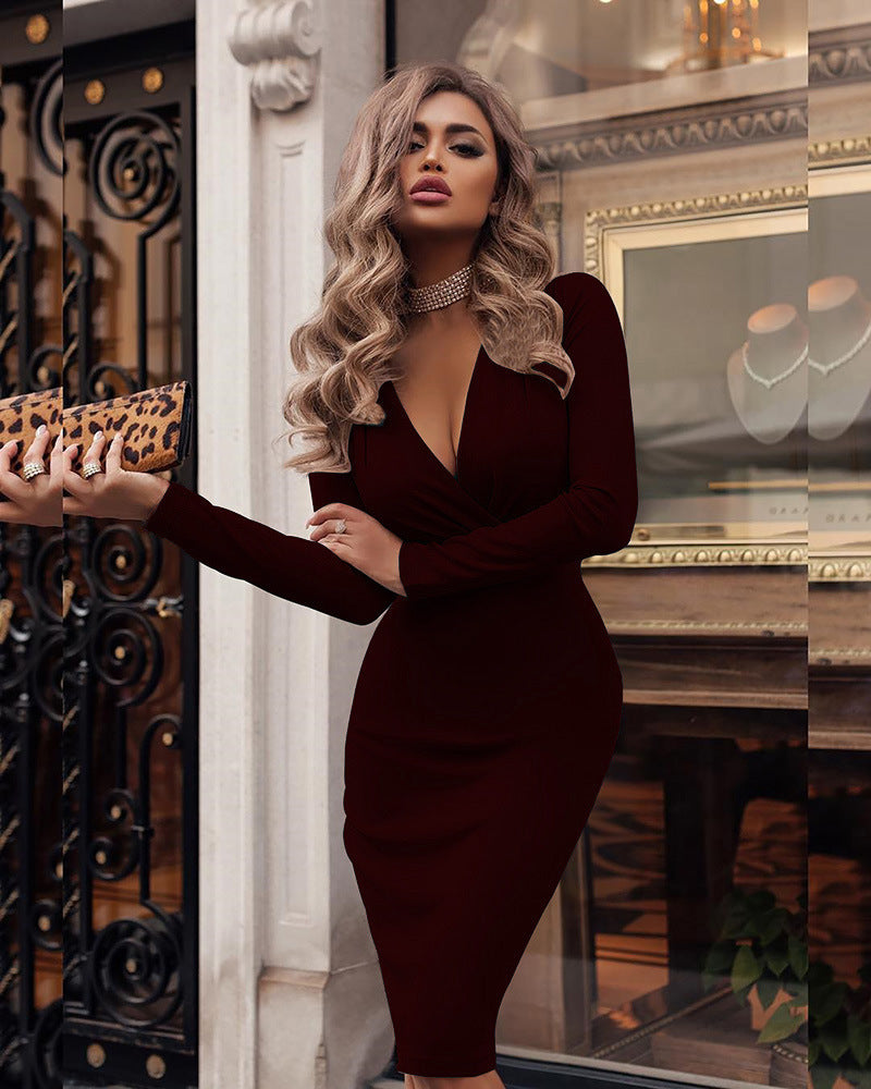 Women's Deep V Ruffle Hip Long Sleeve Dress