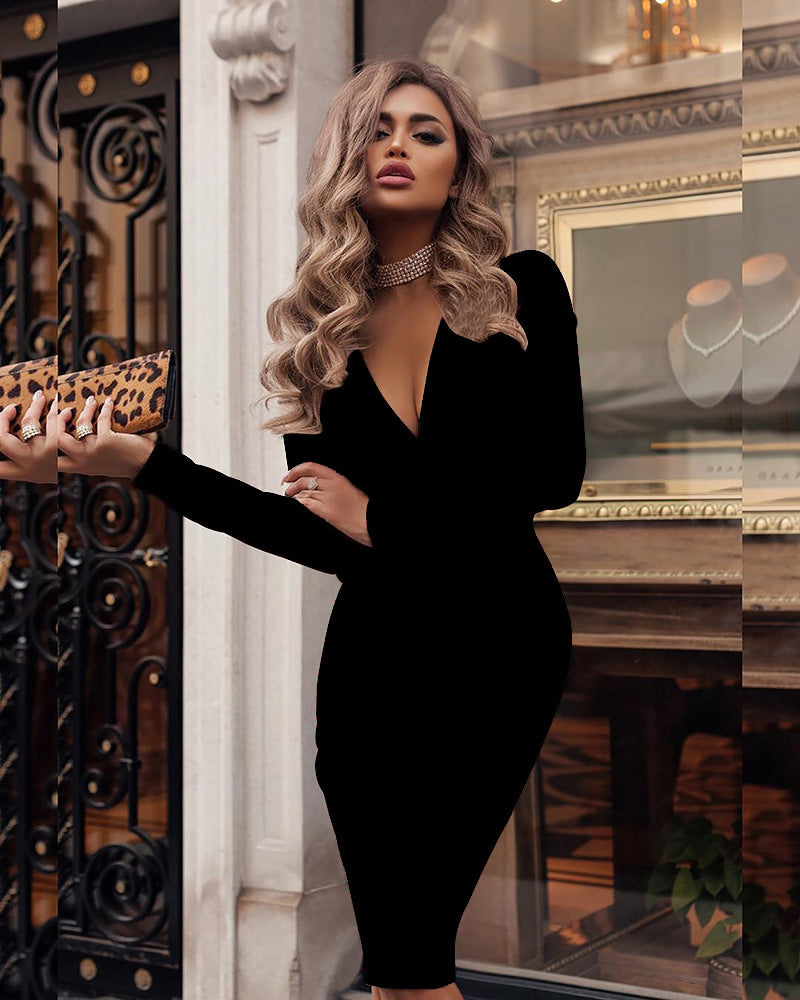 Women's Deep V Ruffle Hip Long Sleeve Dress