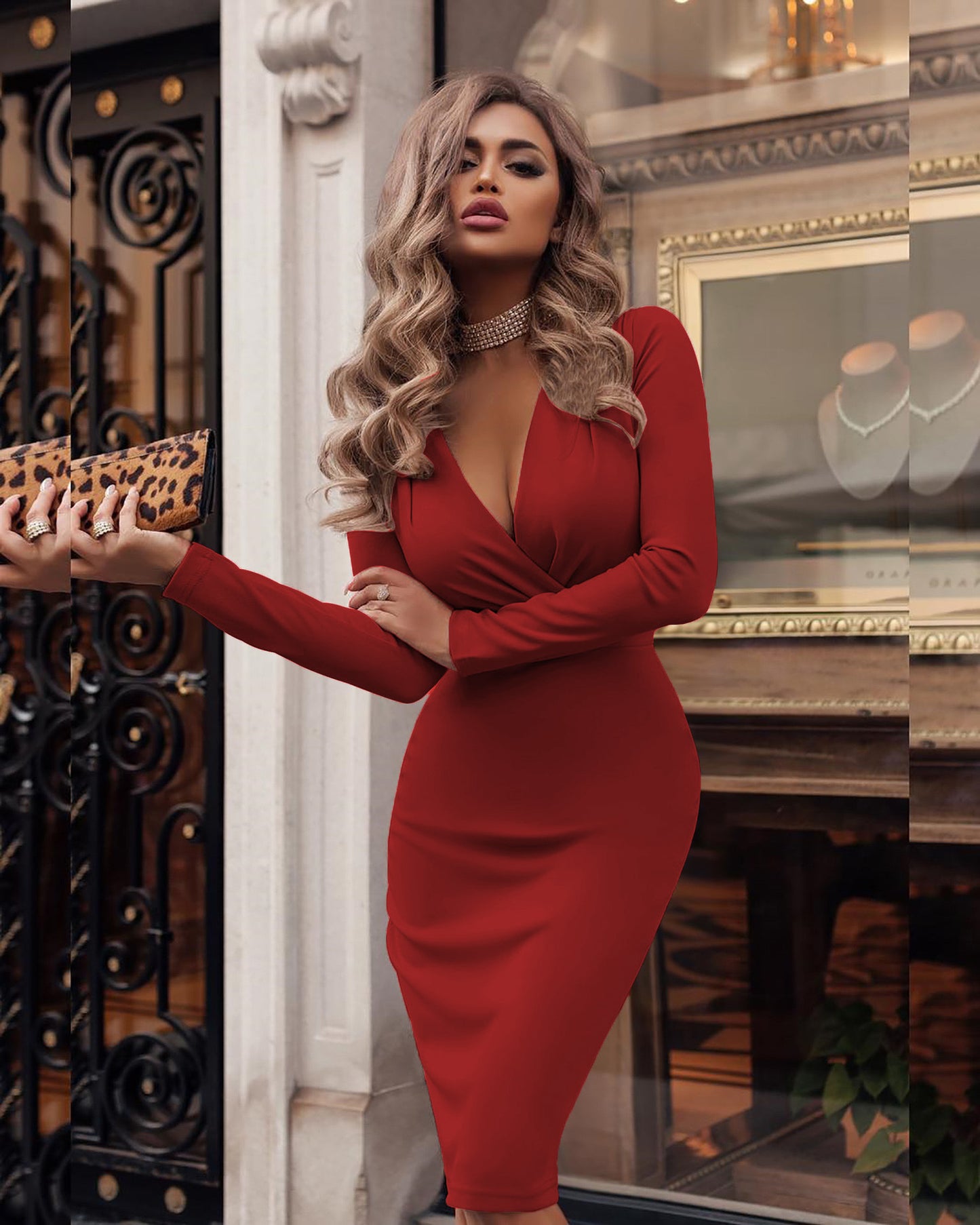 Women's Deep V Ruffle Hip Long Sleeve Dress