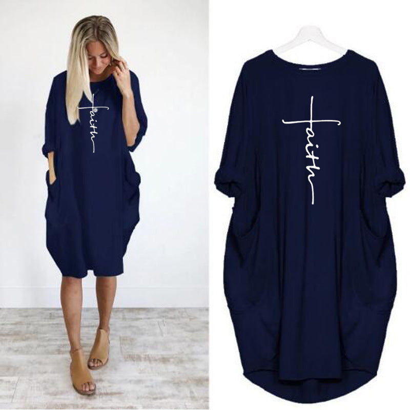 Women's Neck Long Sleeve Cross Printed Wear Dress
