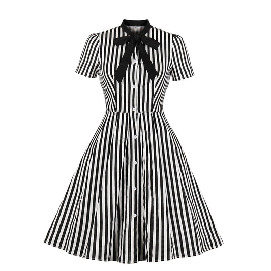 Women's Short-sleeved Retro Black Striped Dress Dresses