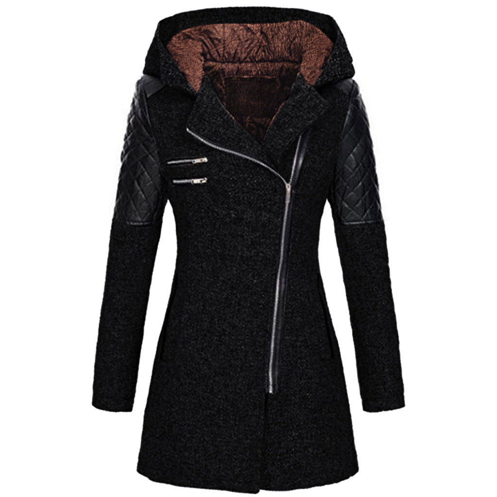 Women's Mid-length Hooded Loose Oblique Zipper Woolen Jackets