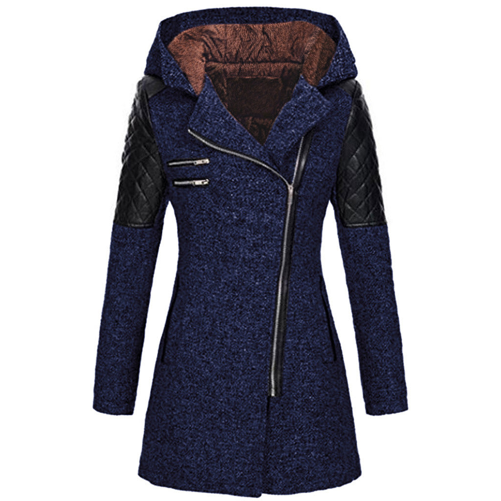 Women's Mid-length Hooded Loose Oblique Zipper Woolen Jackets