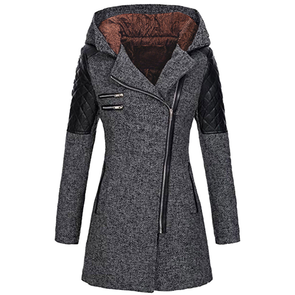 Women's Mid-length Hooded Loose Oblique Zipper Woolen Jackets