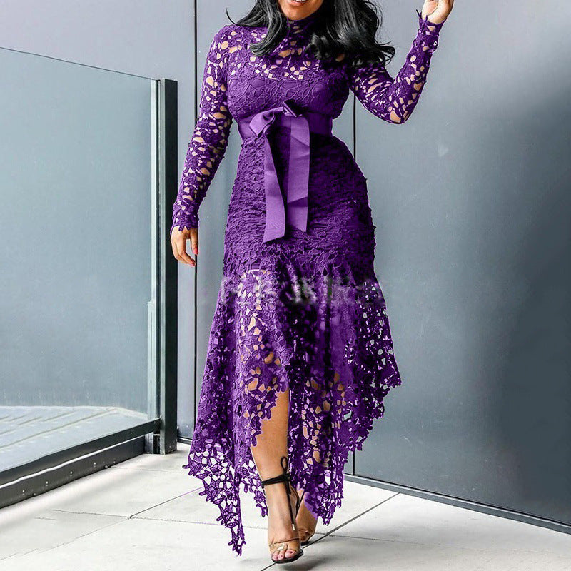 Women's Lace Hollow Out Long Sleeve Stand-up Collar Tie Dresses