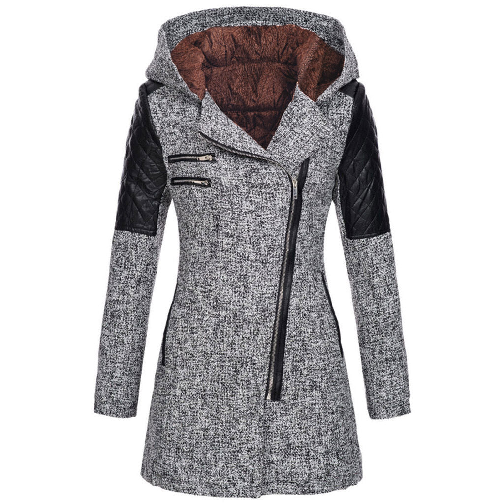 Women's Mid-length Hooded Loose Oblique Zipper Woolen Jackets