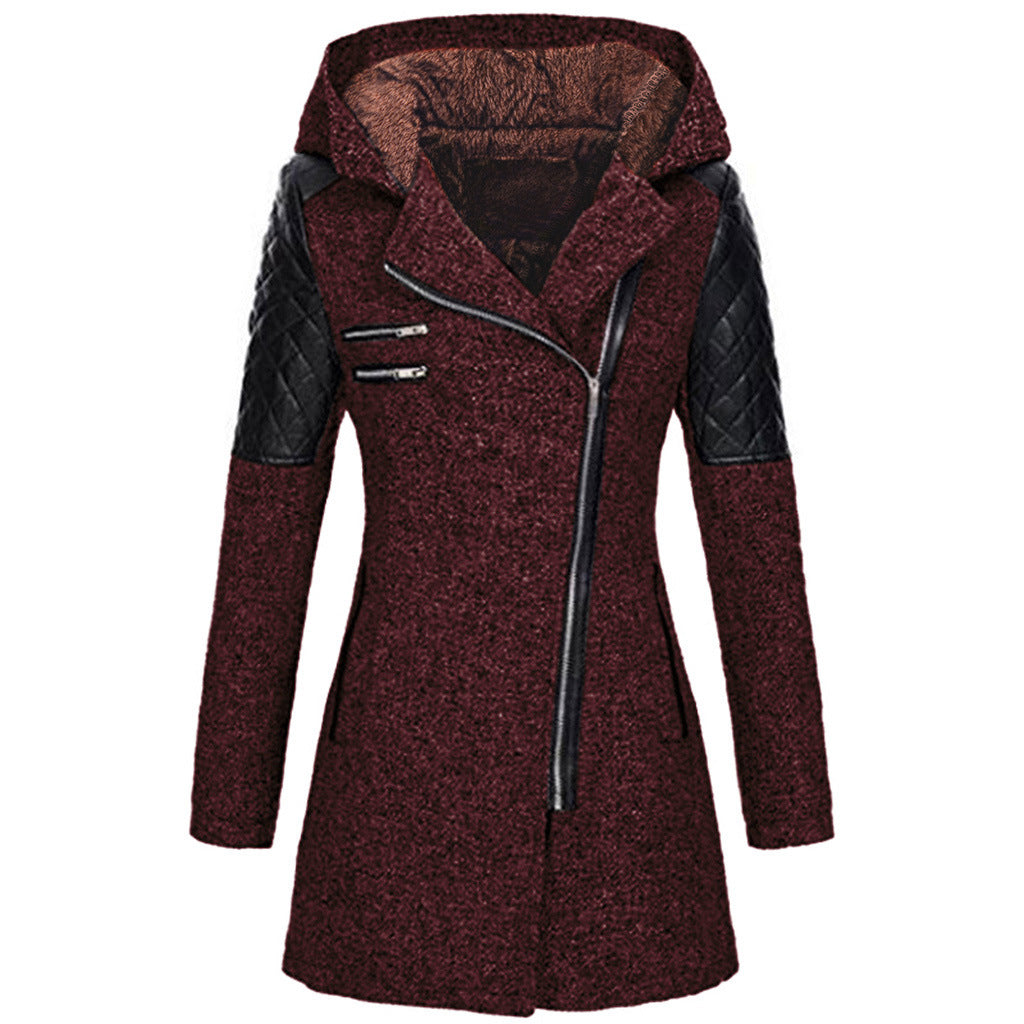Women's Mid-length Hooded Loose Oblique Zipper Woolen Jackets