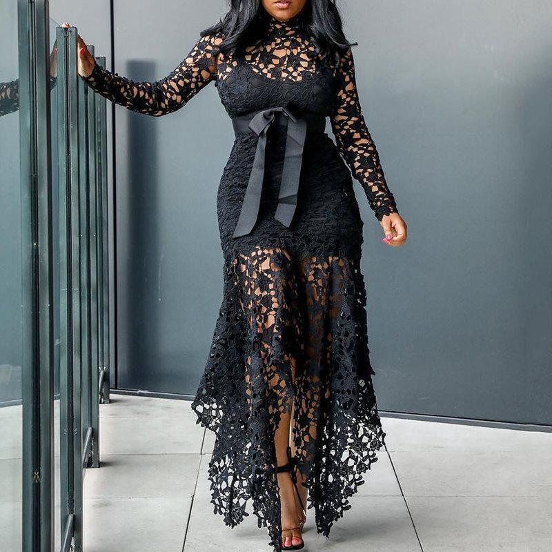 Women's Lace Hollow Out Long Sleeve Stand-up Collar Tie Dresses