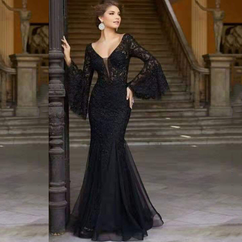 Lace Elegant Sexy Slim Fishtail Long Banquet Female Black Dress