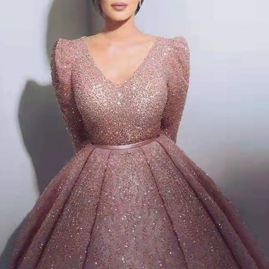 Women's Summer Nude Pink Golden Waist Long Dresses