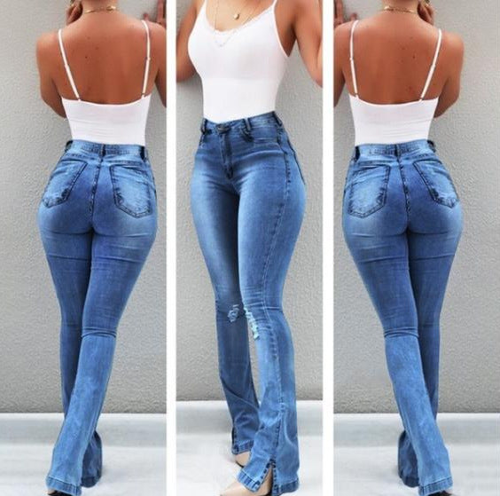 Women's Spring Fashion Stretch Split Flared High Jeans
