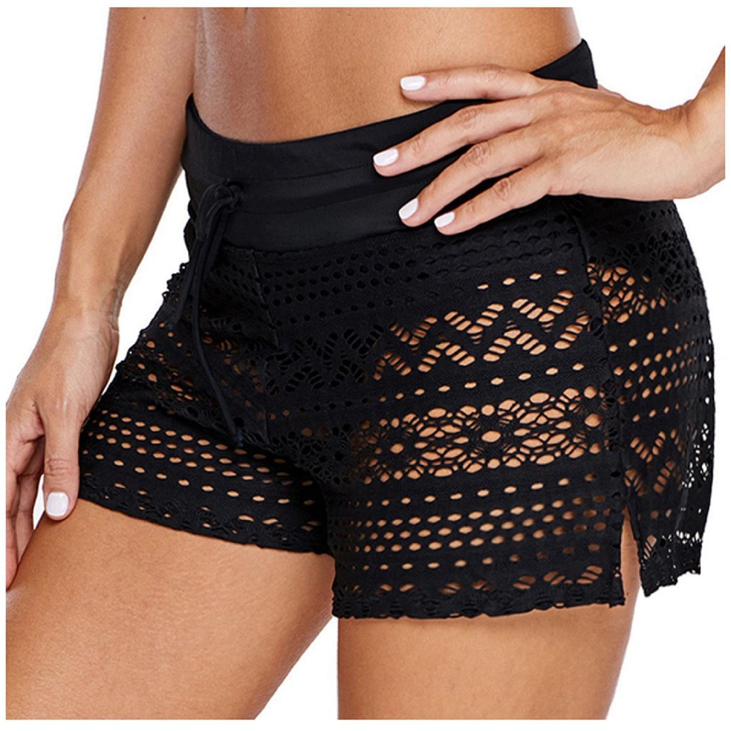 Women's Black Jacquard Lace Set Beach Leisure Shorts