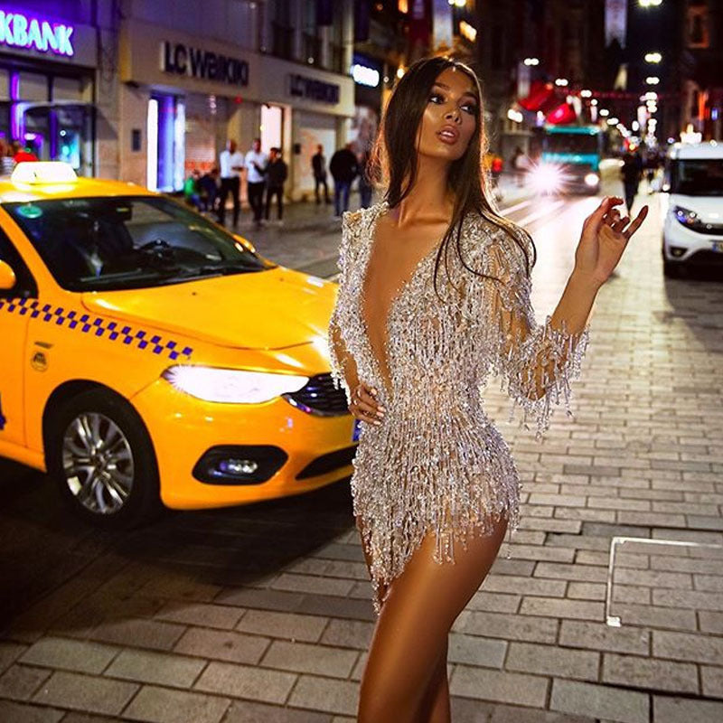 Women's Sexy Sequined Tassel Deep V Miniskirt Dress