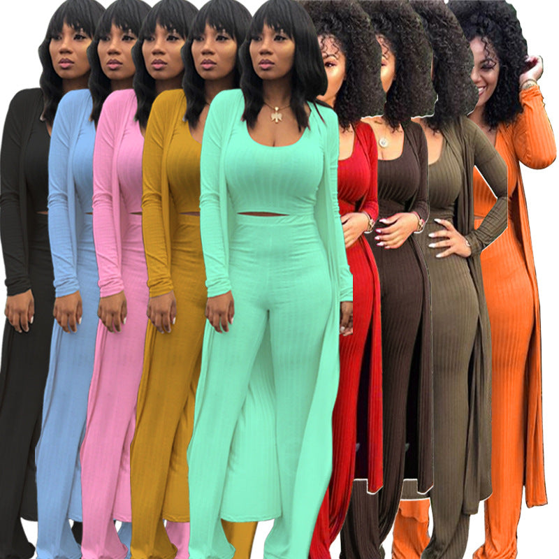 Women's High Elastic Sunken Stripe Three-piece Tight Suits