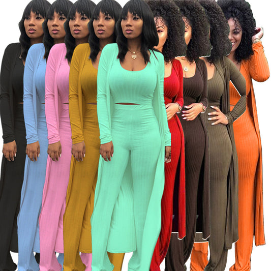 Women's High Elastic Sunken Stripe Three-piece Tight Suits
