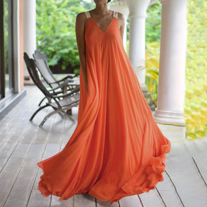 Summer Orange Long Dress Bohemian Suspender Dresses