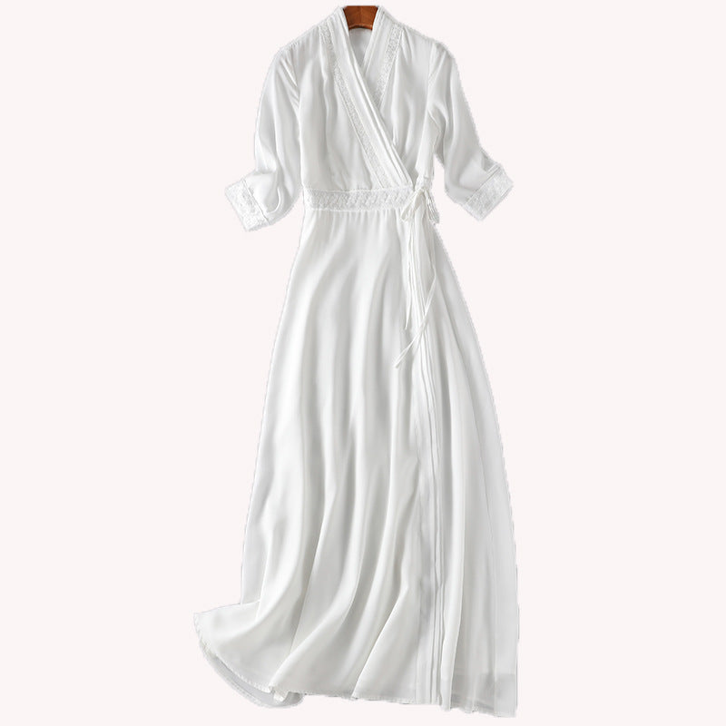 Women's White Three-quarter Sleeve Long Slimming Summer Retro Ethnic Style Dress