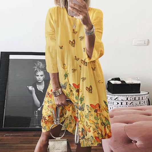 Women's Large Autumn Digital Printed Round Neck Dresses