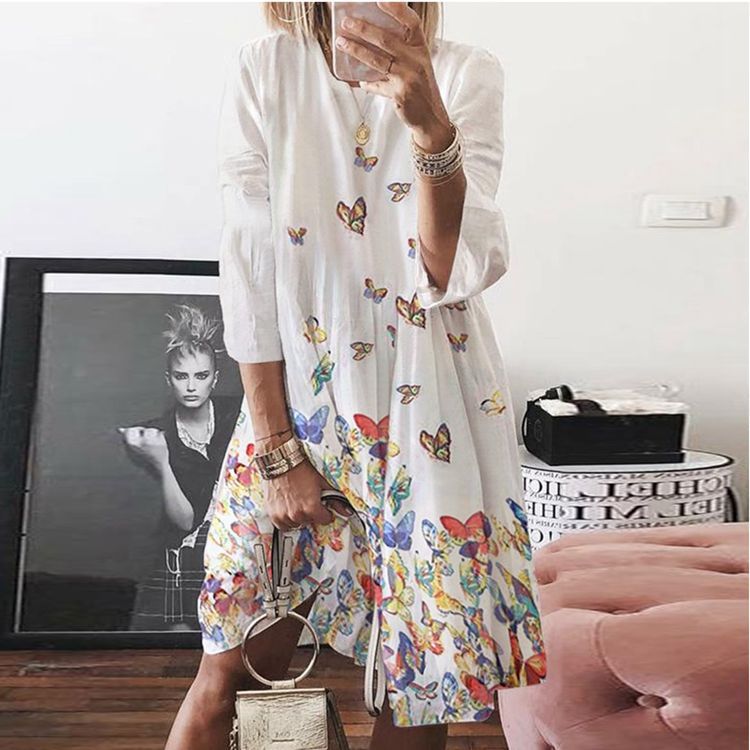 Women's Large Autumn Digital Printed Round Neck Dresses