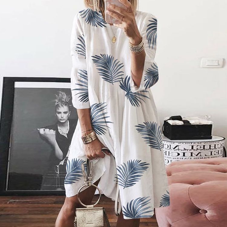 Women's Large Autumn Digital Printed Round Neck Dresses