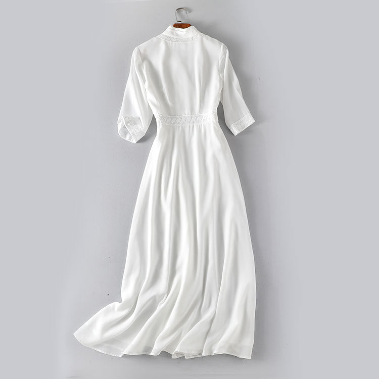 Women's White Three-quarter Sleeve Long Slimming Summer Retro Ethnic Style Dress