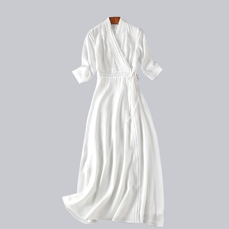 Women's White Three-quarter Sleeve Long Slimming Summer Retro Ethnic Style Dress