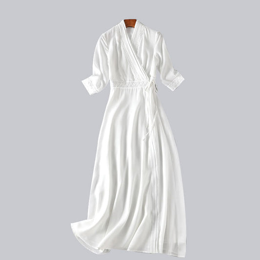 Women's White Three-quarter Sleeve Long Slimming Summer Retro Ethnic Style Dress