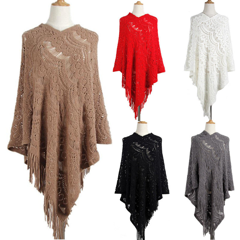 Women's Mid-length Crocheted Irregular Tassel Pullover Cape Women's Sweater