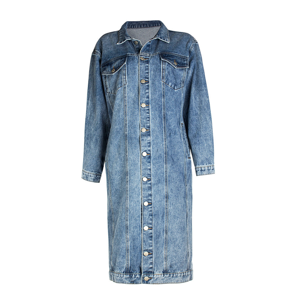 Women's Solid Color Long Sleeve Denim Large Overcoat Loose Jackets
