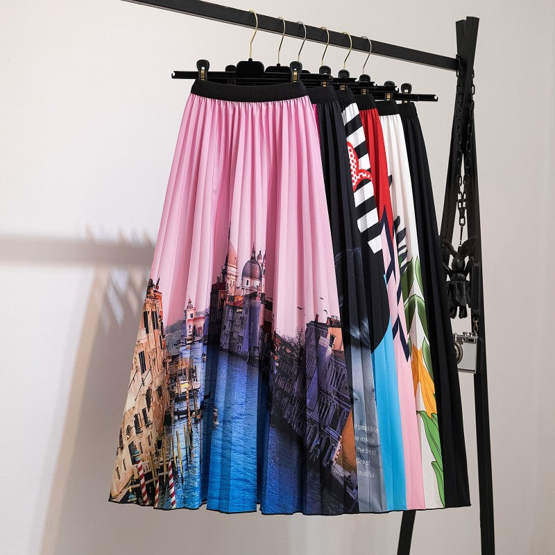 Women's Fashion Half Printed Cartoon Pleated Skirts