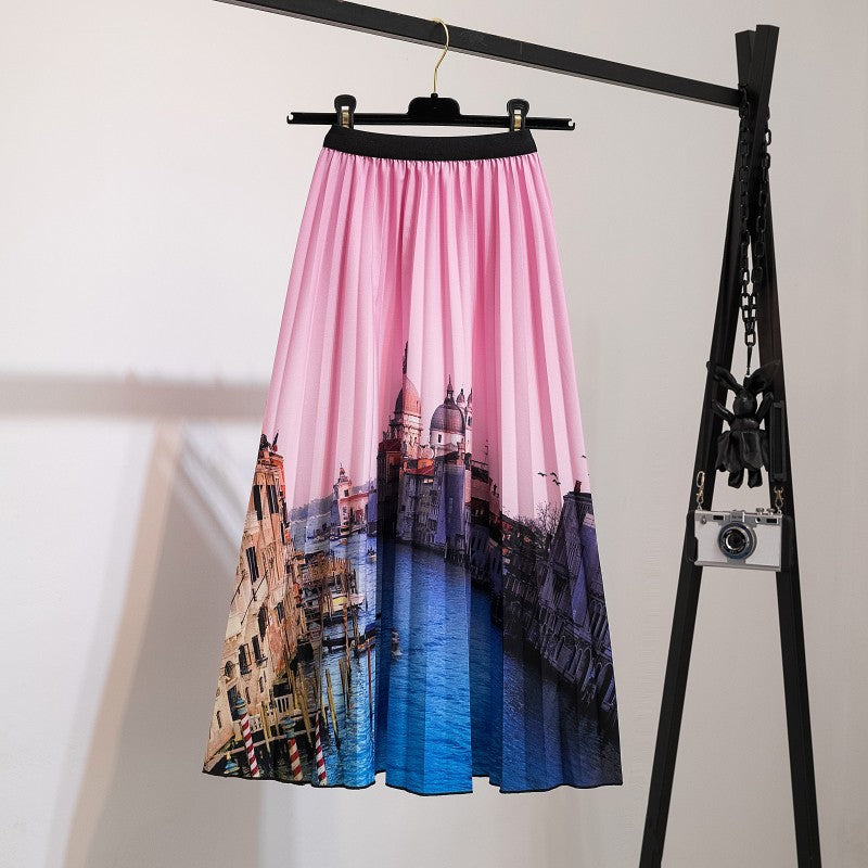 Women's Fashion Half Printed Cartoon Pleated Skirts