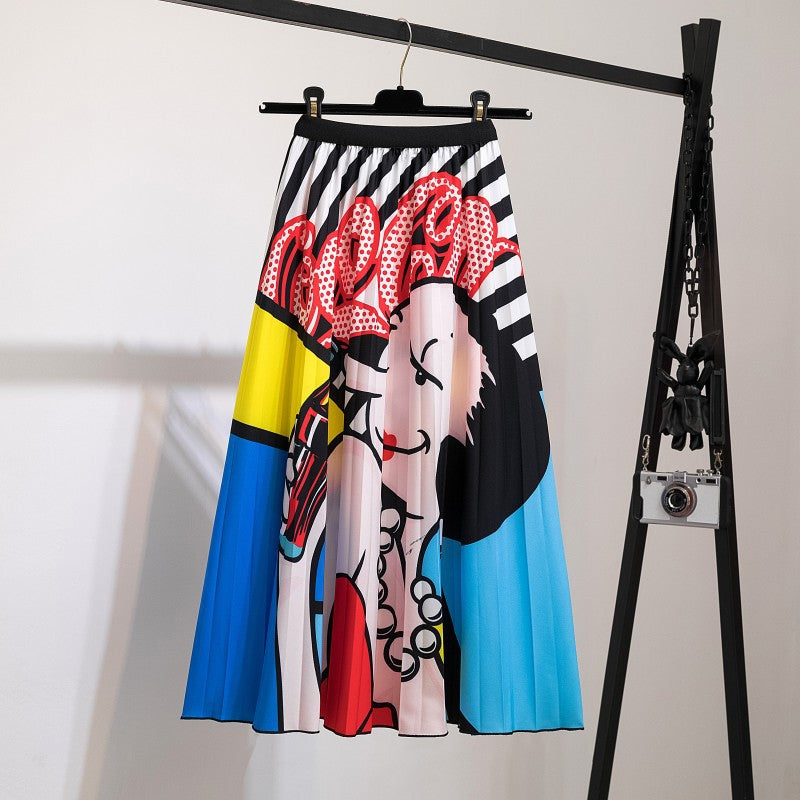 Women's Fashion Half Printed Cartoon Pleated Skirts